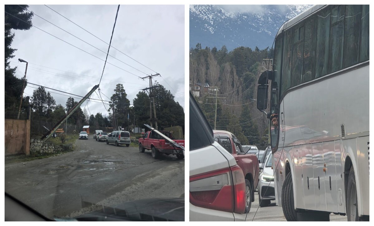 Cayó un poste sobre un colectivo de turismo en avenida Bustillo y destrozó el parabrisas