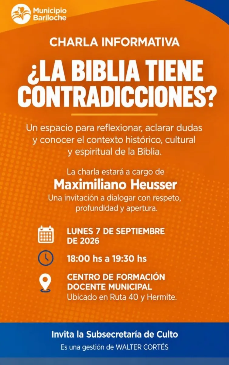 Charla abierta sobre interrogantes de la Biblia en Bariloche