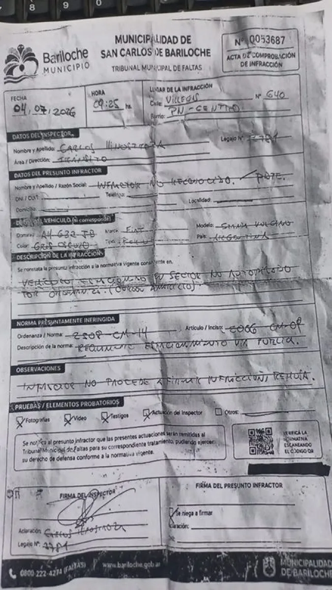 Circula una falsa acta de infracción en Bariloche: advierten sobre posible estafa