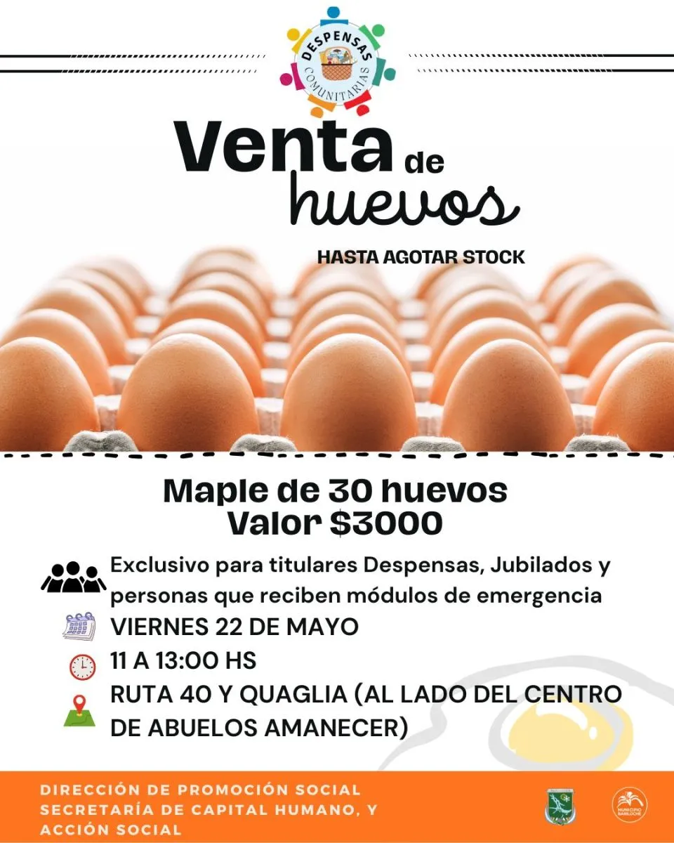 El Municipio realiza venta comunitaria de huevos a $3.000 el maple para jubilados y sectores vulnerables