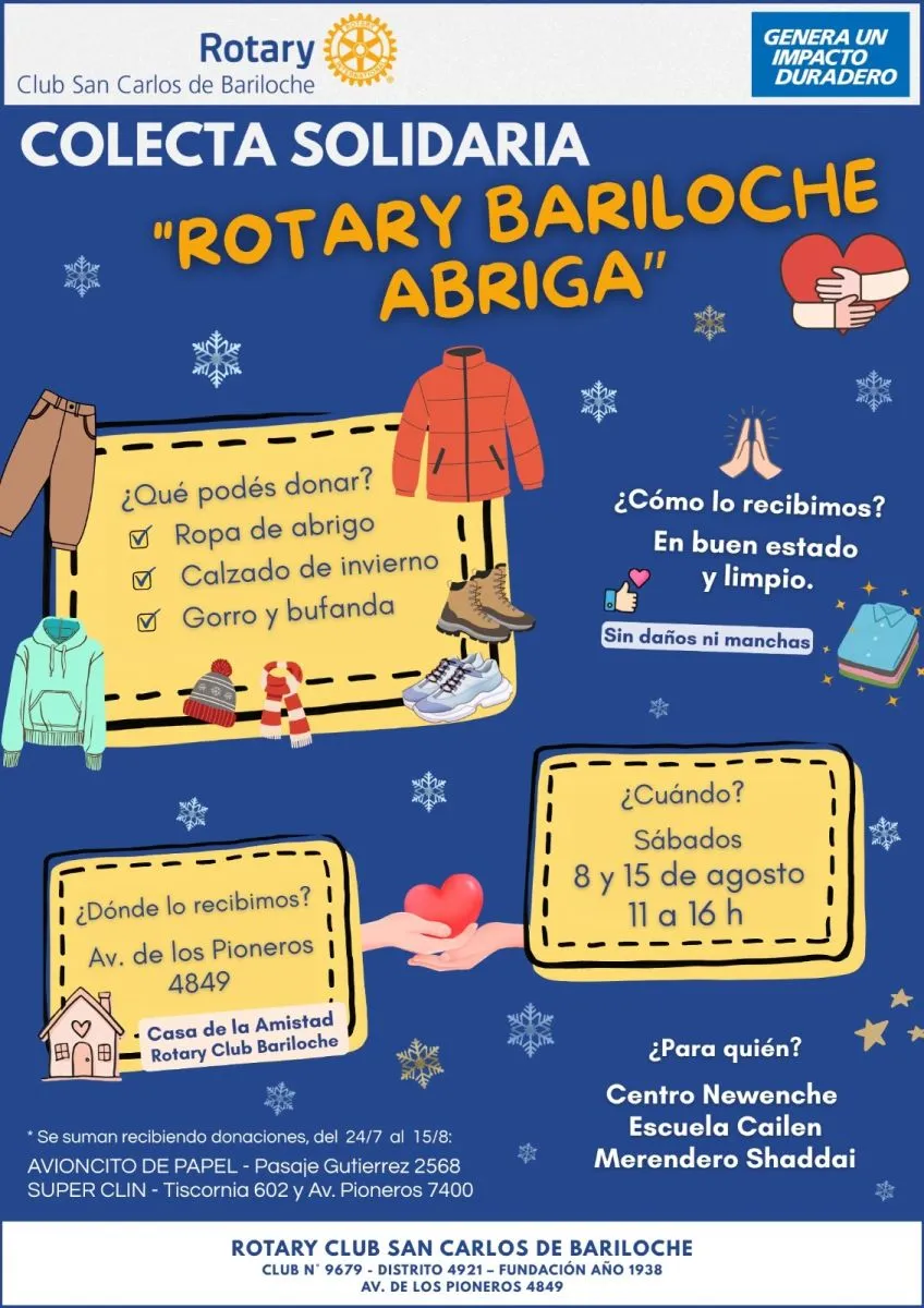 Rotary Club Bariloche lanza "Rotary Abriga", una colecta solidaria de ropa y calzado para el invierno