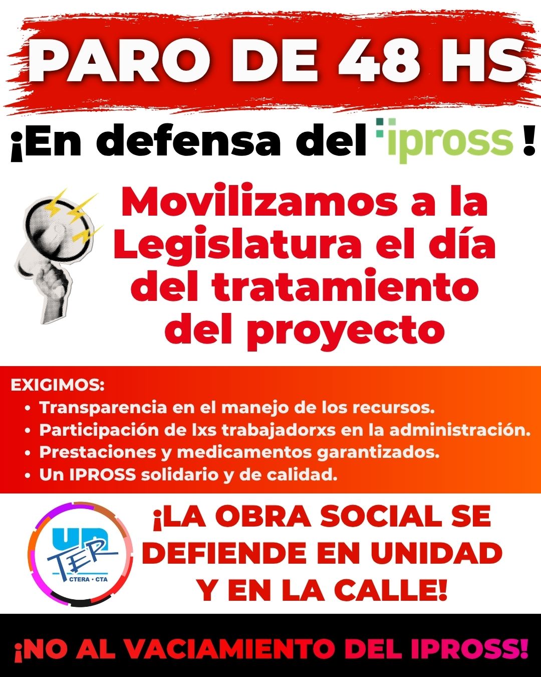 UnTER convoca a paro de 48 horas y marcha a la Legislatura contra la desregulación del IPROSS